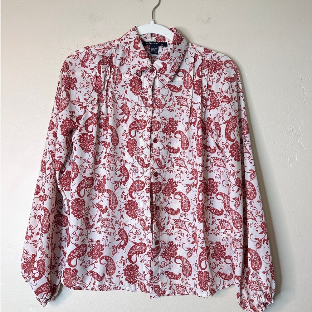 A Love Story Red and Off White Paisley-Floral pattern Long Sleeve Blouse Small